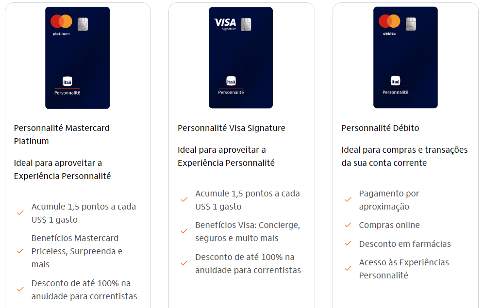 cartoes-personnalite-basicos Cartões Itaú Personnalité: Comparativo e Raio-X desde o Black, Visa Inifinite ao The One (World Legend?) Cartões e Bancos Destaque SALAS VIP