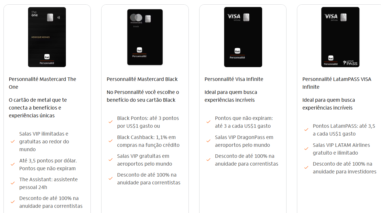 cartoes-personnalite-todos Cartões Itaú Personnalité: Comparativo e Raio-X desde o Black, Visa Inifinite ao The One (World Legend?) Cartões e Bancos Destaque SALAS VIP
