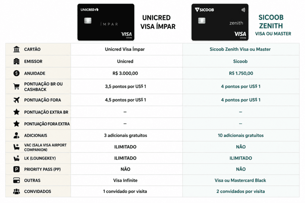 comparativo-impar-e-zenith-1024x683 Unicred Visa Ímpar ou Sicoob Zenith: qual cartão premium de Cooperativa? Cartões e Bancos Destaque Mastercard Black Milhas e Emissões Visa Infinite