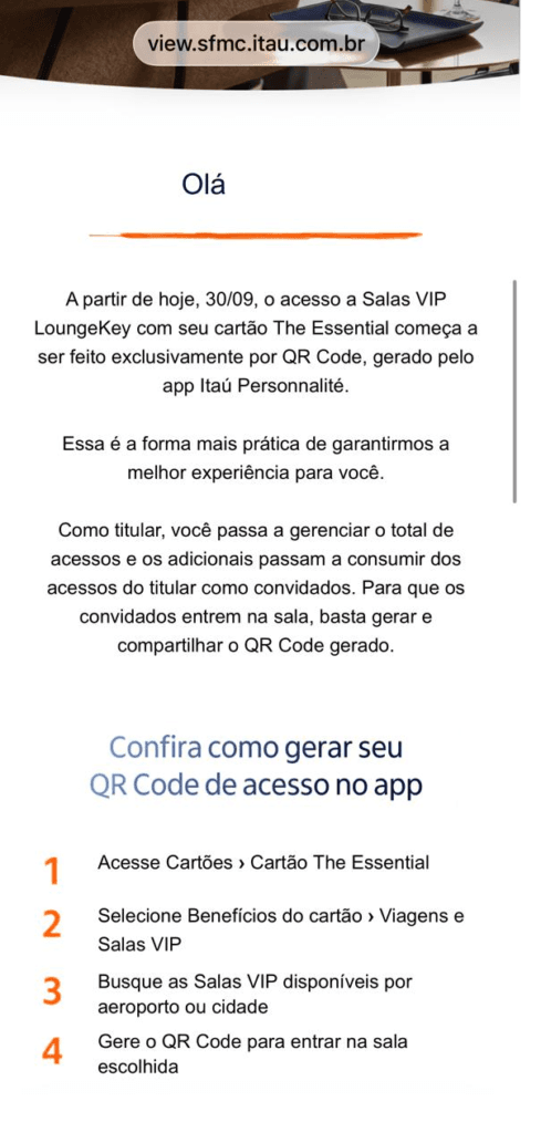 comunicado-sala-vip-489x1024 Itaú The Essential muda acesso às Salas VIP LoungeKey: agora será exclusivamente por QR Code Cartões e Bancos Destaque Mastercard Black Milhas e Emissões 