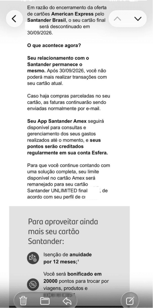 santander-encerra-amex-511x1024 Santander anuncia fim de cartões e prepara substituição dos cartões no Brasil Cartões e Bancos Amex Centurion Destaque Milhas e Emissões
